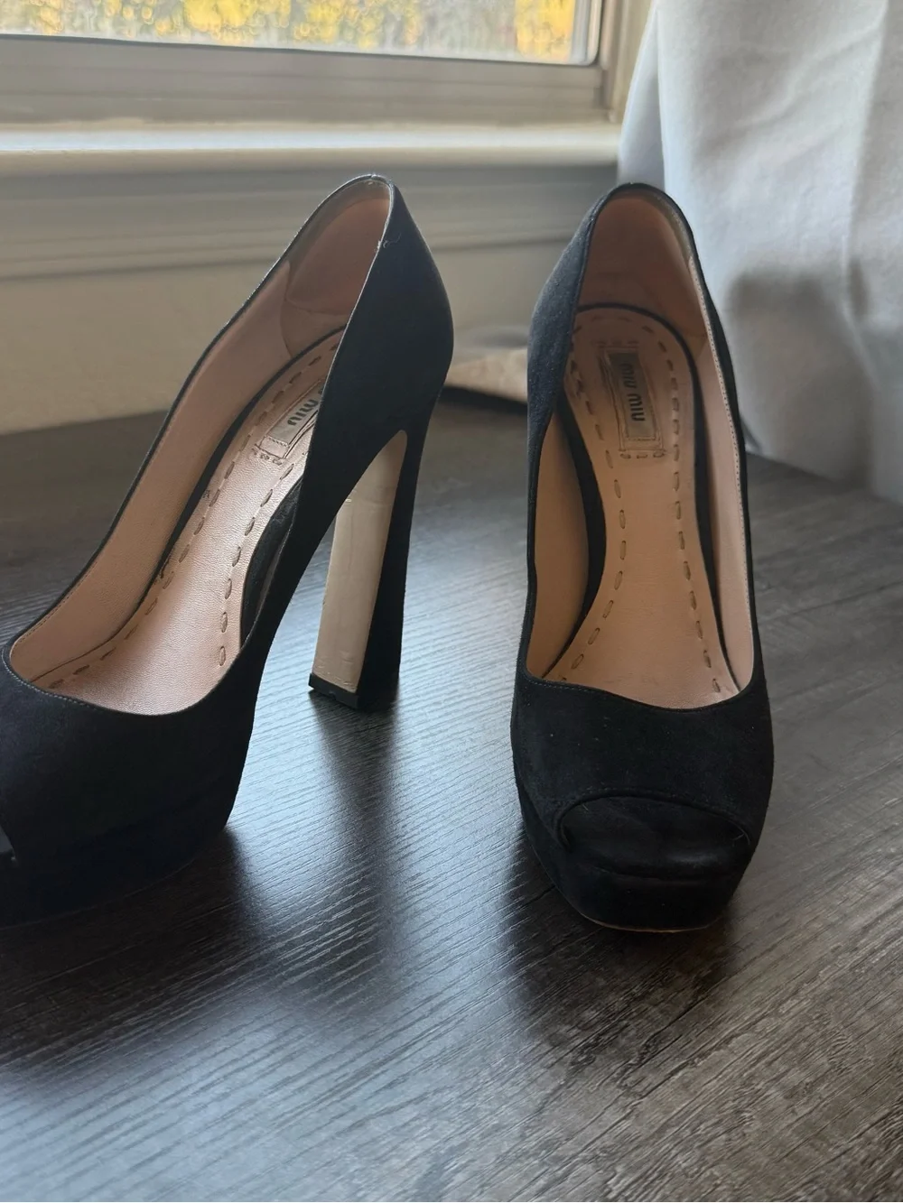 miu miu 38.5 Black Suede Platform High Heel Pumps